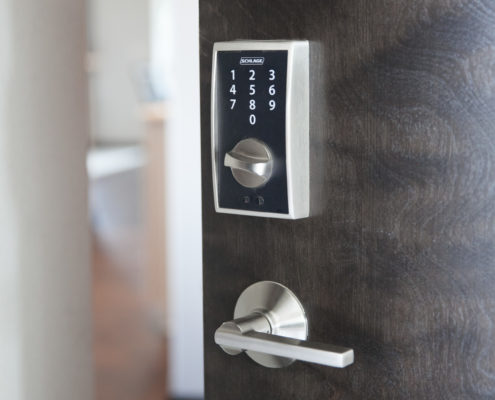 Century Style Schlage Touch™ Deadbolt, Greenwich Style Latitude Lever in Satin Nickel